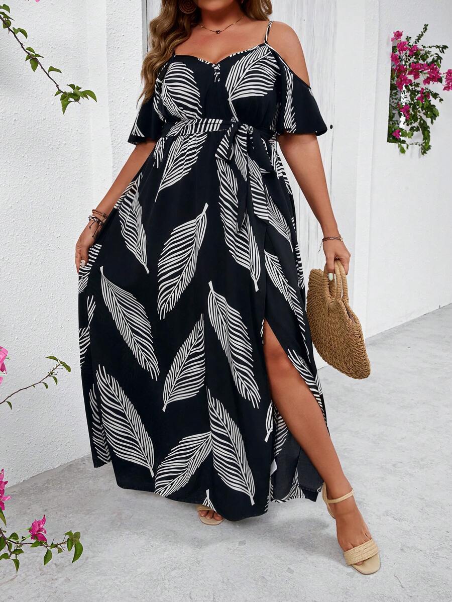 SHEIN VCAY Plus Size Boho Spaghetti Strap Split Thigh Short Sleeve Dress, For Summer