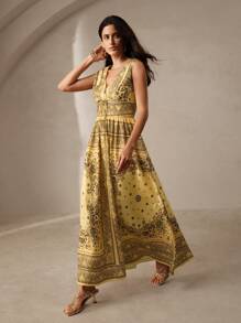 Anewsta Paisley Print Women Yellow Sleeveless Deep V-Neck Cinched Waist Maxi Rayon Dress - Yellow - View 1