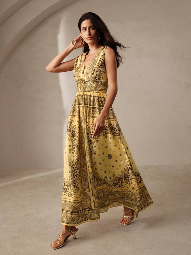 Paisley Print Women Yellow Sleeveless Deep V-Neck Cinched Waist Maxi Rayon Dress