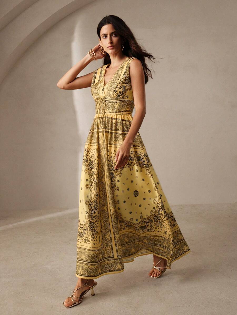 Anewsta Paisley Print Women Yellow Sleeveless Deep V-Neck Cinched Waist Maxi Rayon Dress - Yellow - View 1