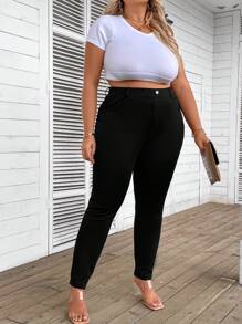 SHEIN CURVE+ Plus Size Solid Color Slimming Bodybuilding Pencil Pants With Pockets