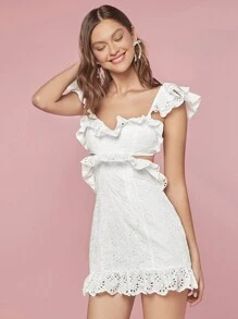 Enchnt Women Cute Holiday Summer Spring Graduation Party Solid Color Sweetheart Neck Cap Sleeve Waist Hollow Out Simple White Dress