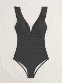 SHEIN Swim Ladies' Summer Beach Vacation Solid Color Ruffled One-Piece Swimsuit With Lace Decoration - Dark Grey - View 3