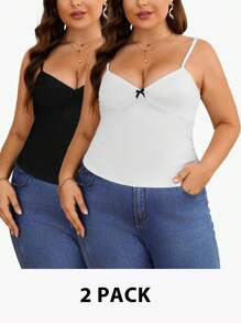 SHEIN Privé Elegante Estate Semplice Maglietta Canotta Con Nastro A Fiocco, Set Da 2 Pezzi, Adatta A Viaggio, Vacanza, Indossare Quotidiano - nero - Visualizzare 1