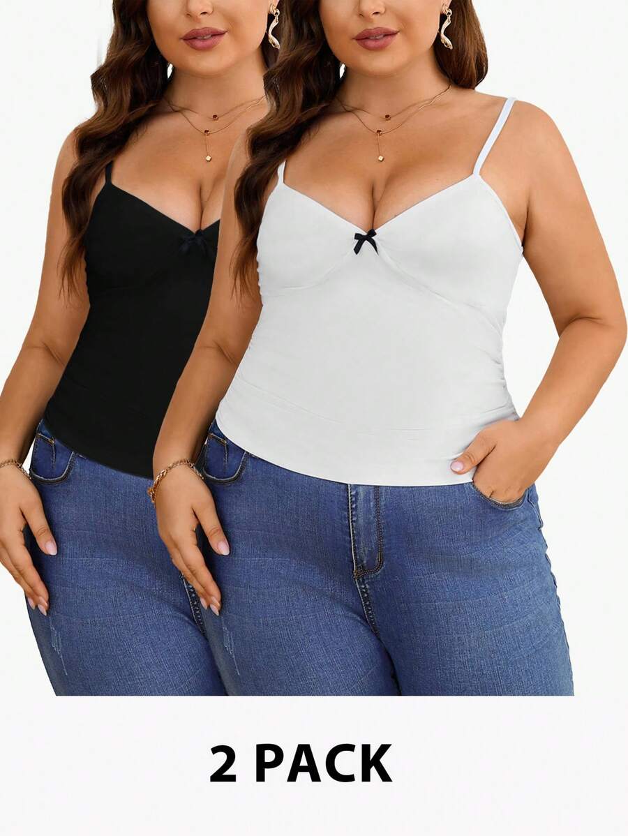 SHEIN Privé Elegante Estate Semplice Maglietta Canotta Con Nastro A Fiocco, Set Da 2 Pezzi, Adatta A Viaggio, Vacanza, Indossare Quotidiano - nero - Visualizzare 1