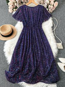 SHEIN Clasi Plus Size Women Fashionable Mesh Short Sleeve Dress With Rhinestone Embellishment