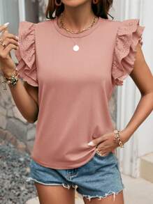 SHEIN Frenchy Camiseta de mujer de manga corta con doble volante, top recortado, fabricado con materiales cómodos, con mangas con bordes de onda bordados de color contrastante, apto para vacaciones y uso diario