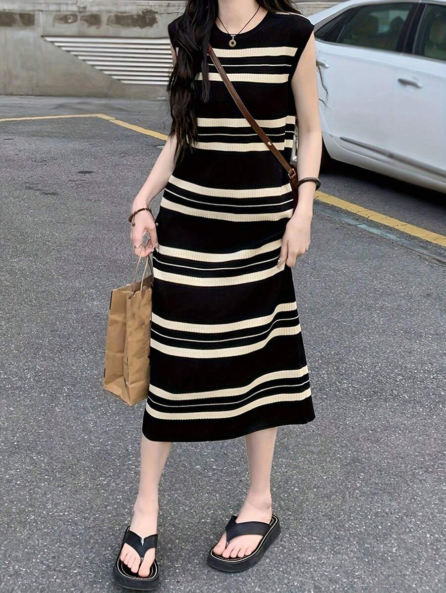 Women's Stripe Print Simple Everyday Sleeveless Dress - Black - View 1