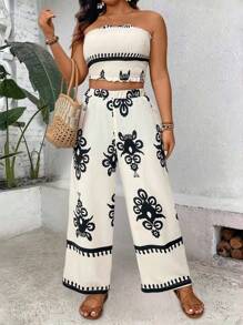 SHEIN Clasi 大尺碼女性復古風格無肩帶上衣和褲子套裝 - 杏色 - 查看 1