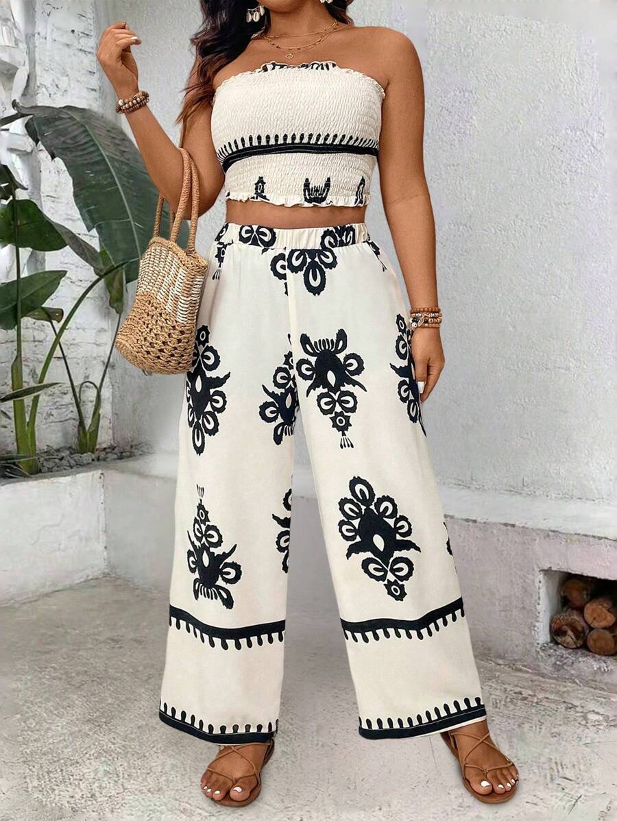 SHEIN Clasi 大尺碼女性復古風格無肩帶上衣和褲子套裝 - 杏色 - 查看 1