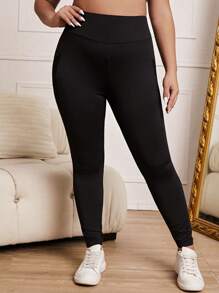 SHEIN Essnce Plus Wide Waistband Phone Pocket Leggings - Black - View 3