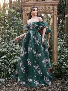 Faeriesty Off Shoulder Puff Sleeves Floral Tulle Prom Dress Woman Formal Ball Gown - Dark Green - View 7