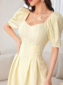 Modelyn 女士夏季純色泡泡袖褶皺裙