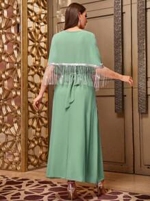 Al Najma Elegant Rhinestone Tassel Decorated Batwing Sleeve Long Dress With Straps, Summer