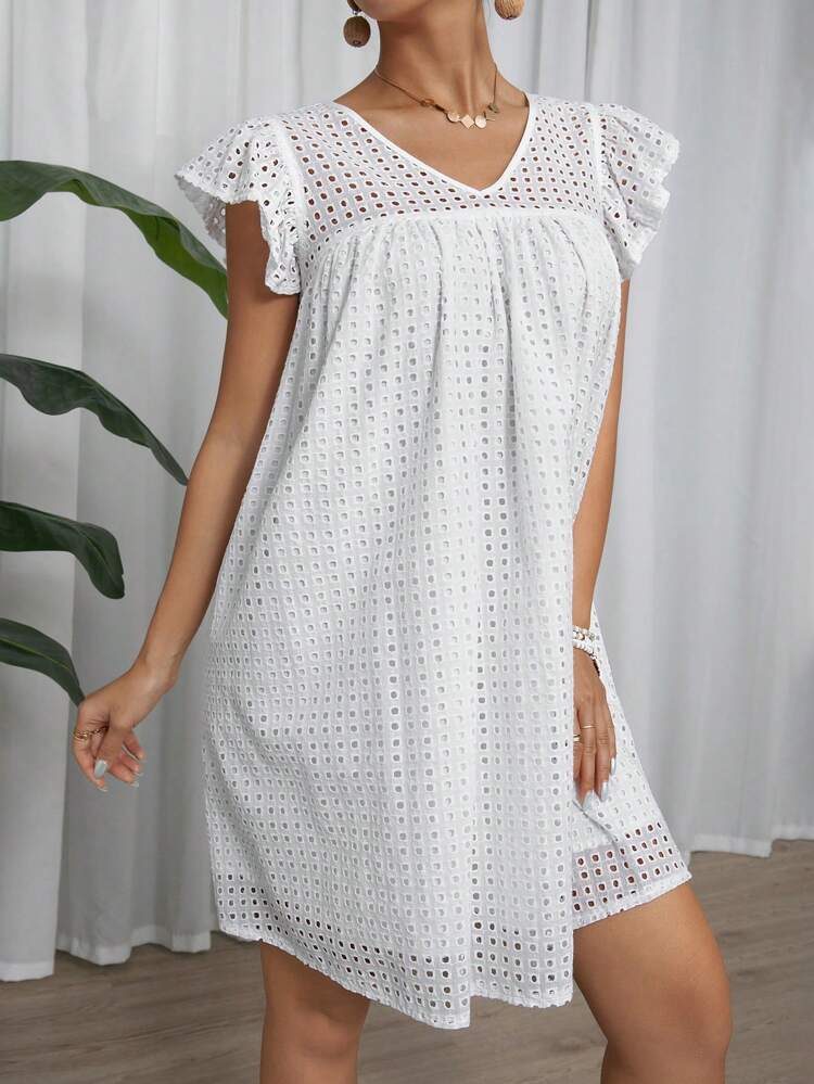 Cut-Out   Cap Sleeve A-Line Dress With Flounce Hem And Sleeves