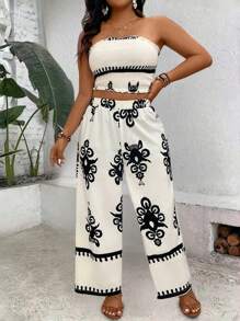 SHEIN Clasi 大尺碼女性復古風格無肩帶上衣和褲子套裝 - 杏色 - 查看 6