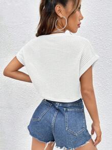 SHEIN EZwear 蝙蝠袖紋理短款夏日T恤 - 白色 - 查看 2