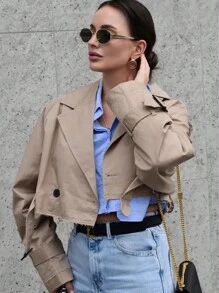 TRAFZA Women's Short Windbreaker Belt Long Sleeve Casual Coat Spring - Khaki - View 6