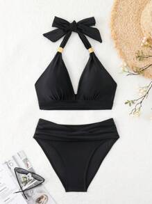SHEIN Swim 女士纯色露背系带性感比基尼套装，适合海滩度假夏季 - 黑色 - 查看 3