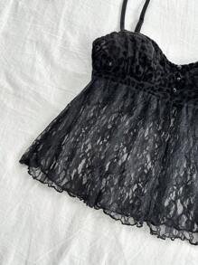Soleia WYWH Mujeres Leopardo Impresión Terciopelo Y Encaje Empalmado Vacaciones Cami Top - Negro