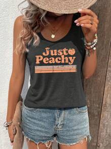 INAWLY 大码女式夏季宽松休闲圆领字母印花背心 Just Peachy - 深灰色 - 查看 6
