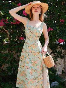 Vestido Largo Estilo Francés Vintage Con Impresión Floral En Línea A Y Tirantes Spaghetti - Verde - Ver 5