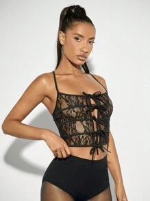 SHEIN BAE Solid Color Lace Sexy See-Through Strap Hollow Out Black Camisole Top Spring & Summer For Women, Suitable For Concerts, Music Festivals, Sexy And Charming Night Date, Singles Parties - Black - View 5