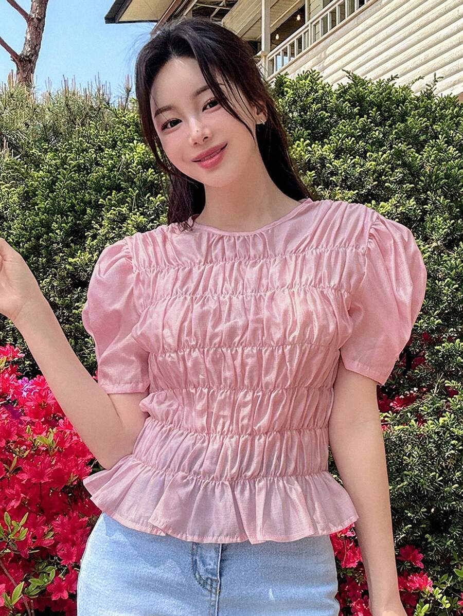 DAZY 女士夏季休闲纯色泡泡袖衬衫，宽松版型，荷叶边长袖 - 粉色 - 查看 1