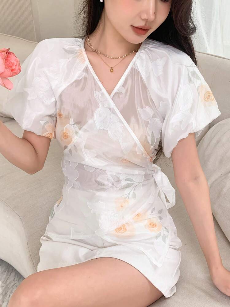 Women's Elegant Floral Print Wrap Blouse With Puff Sleeves And Crossed Tie Waist For Summer