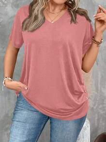 SHEIN LUNE Plus Size Nữ Mùa Hè Màu Trơn Cổ Chữ V Vải Xếp Áo Thun Nữ Tay Ngắn - Màu Hồng  San hô - Xem 3