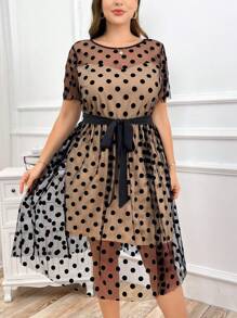 SHEIN Clasi Elegant Plus Size Polka Dot Mesh & Apricot Color Blocking Bodycon Dress For Summer - Multicolor - View 3