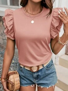 SHEIN Frenchy Camiseta de mujer de manga corta con doble volante, top recortado, fabricado con materiales cómodos, con mangas con bordes de onda bordados de color contrastante, apto para vacaciones y uso diario