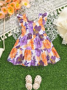 SHEIN Baby Girl Summer Floral Pattern Square Neck Cap Sleeve Loose Dress For Vacation - White - View 2