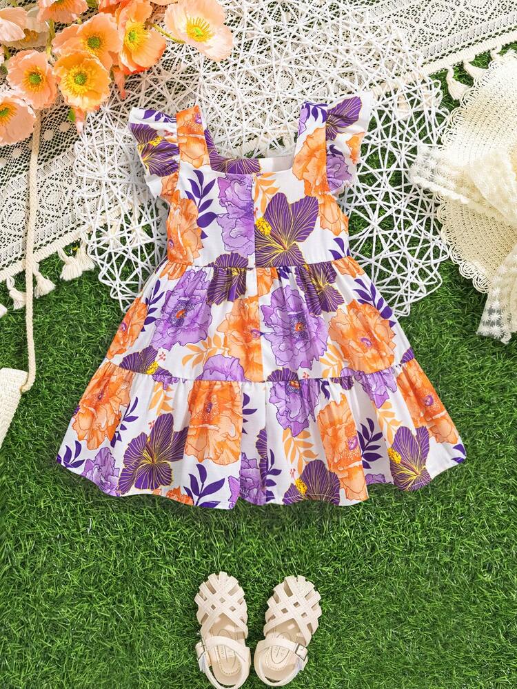 Baby Girl Summer Floral Pattern Square Neck Cap Sleeve Loose Dress For Vacation