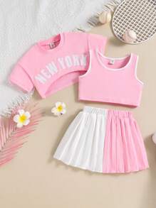 SHEIN Explorewe Young Girl Colorblock Simple Short Sleeve Top + Sleeveless Tank Top + Pleated Skirt 3-Piece Outfit For Daily Wear - Multicolor - View 1