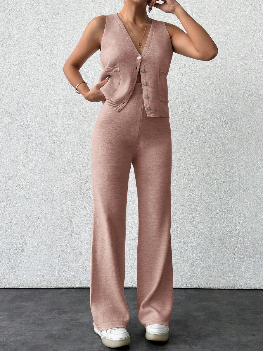 EURMUSE Ladies Solid Color Simple Daily Knitted Sweater Vest And Long Pant Two-Piece Set - Baby Pink - View 1