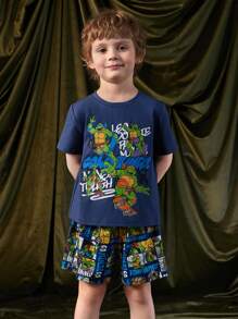 TEENAGE MUTANT NINJA TURTLES X SHEIN Set estivo da ragazzo giovane con Maglietta e pantaloncini casual a stampa di cartoni animati e lettere cool