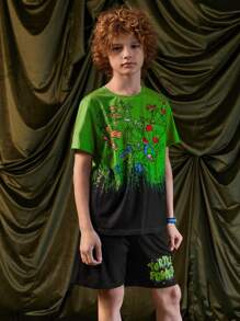 TEENAGE MUTANT NINJA TURTLES X SHEIN Conjunto de 2 peças de camiseta casual de manga curta com estampa de desenho animado e shorts de cintura com cordão para menino pré-adolescente, verão