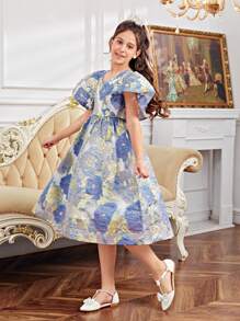 SHEIN Leap Crew Tween女孩a字領圓領裙,荷葉邊袖子,花織和鑲鑽裝飾 - 藍色 - 查看 4