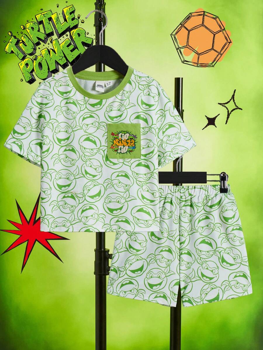 TEENAGE MUTANT NINJA TURTLES | SHEIN 少年白/綠色可愛綜合印花休閒圓領短袖T恤和短褲睡衣套裝 - 彩色 - 查看 1