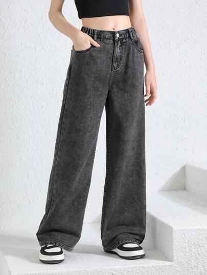 SHEIN Teen Girl All-Match Casual Stone Washed Wide Leg Jeans With Elastic Waistband