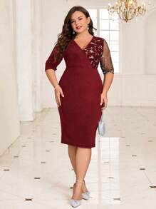 SHEIN Clasi Plus Size Elegant Party Slim Fit Sequin Dress, Fall Women Teacher Outfit - Burgundy - View 4