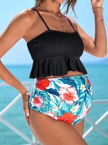 SHEIN Maternity Vacation Halterneck Tankini With Ruffled Trim, Maternity Bathing Suit Summer - Multicolor - View 5