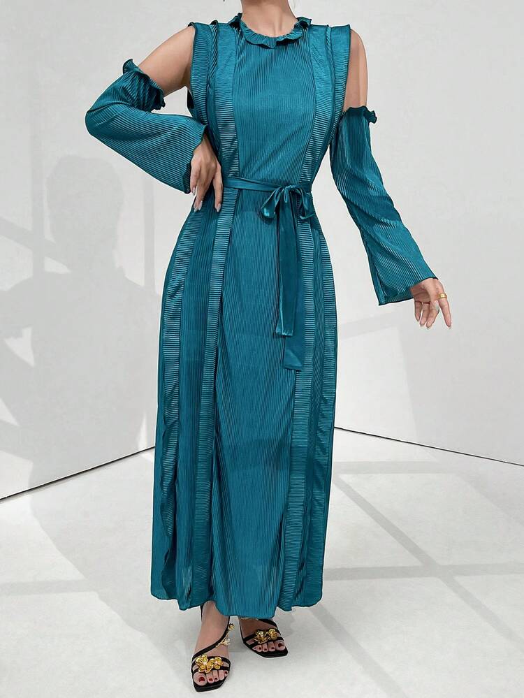 Women's Lace OOpen Shoulder Belted Daily Wear Dress Long Evening Dresses