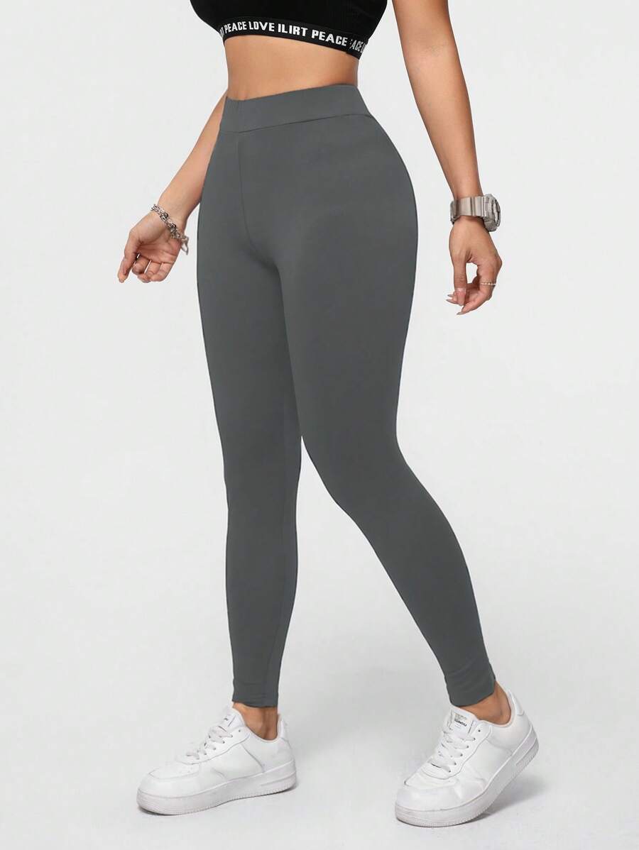 SHEIN Essnce 1 quần legging dài dệt kim co giãn thường ngày cho nữ, thích hợp cho mùa xuân và mùa thu, màu xám đậm - Màu xám đen - Xem 1