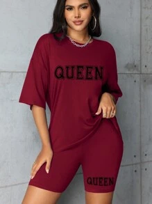 Damen Große Größen Sommer Set aus T-Shirt mit Buchstaben-Muster am Rundhals-Ausschnitt und Kurzarm sowie Shorts im Lässig Stil