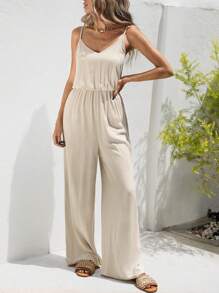 SHEIN VCAY Plain Casual Linen Jumpsuit, Perfect For Vacation