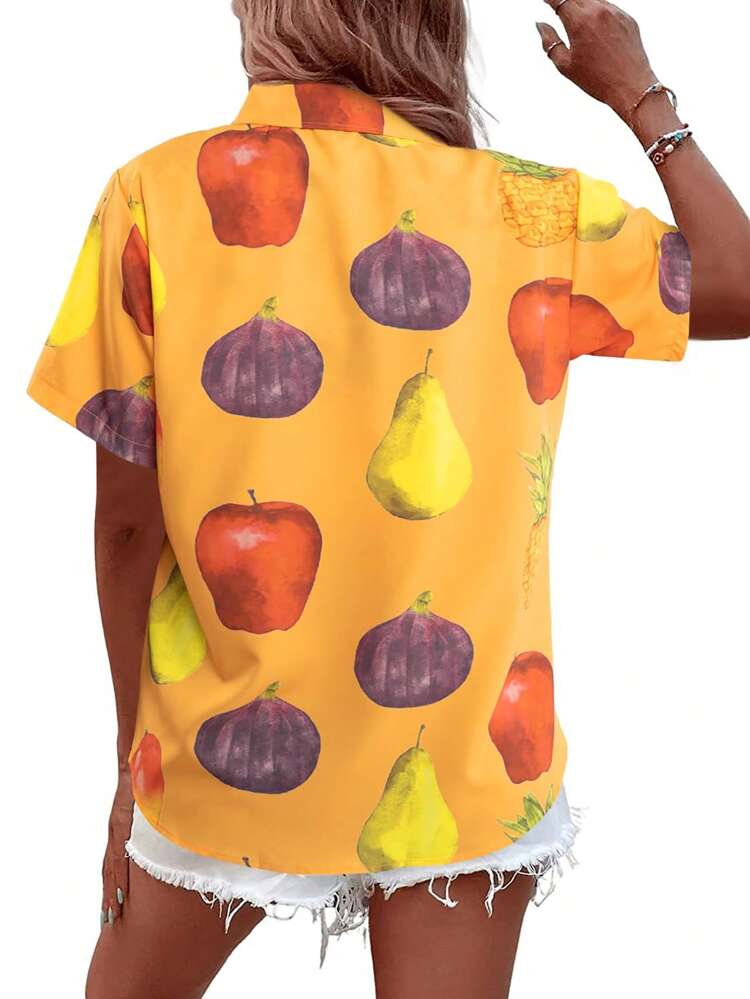 Women's Holiday Casual Fruit Printed Tie-Front Short Sleeve Shirt