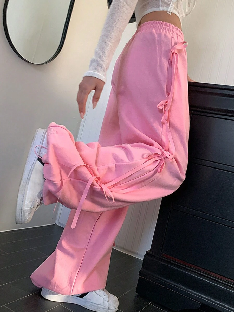 DAZY Seitliche Schleife Bindeband Damen lose Sport Hose mit Zugband - Pink - Übersicht 1