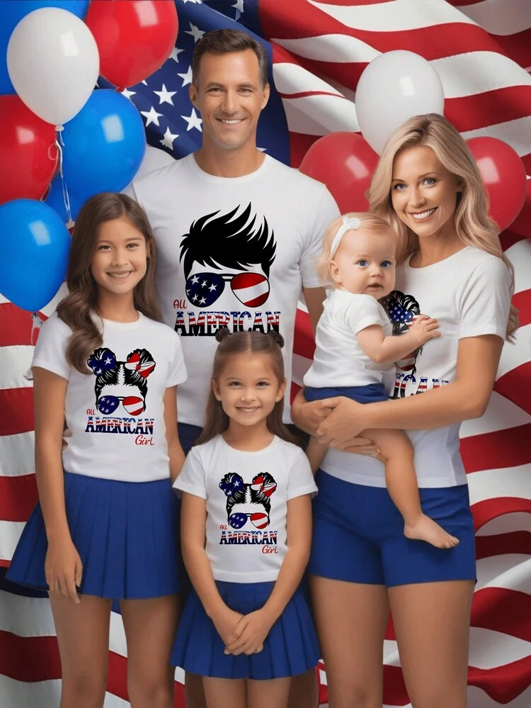 White Family Matching T-Shirt Set With Letter Logo And Blue Pleated Skirt For Baby Girl (5 Pieces Sold Separately)